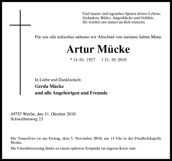 Traueranzeige von Artur Mücke von Neue Osnabrücker Zeitung GmbH & Co. KG