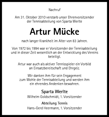 Traueranzeige von Artur Mücke von Neue Osnabrücker Zeitung GmbH & Co. KG