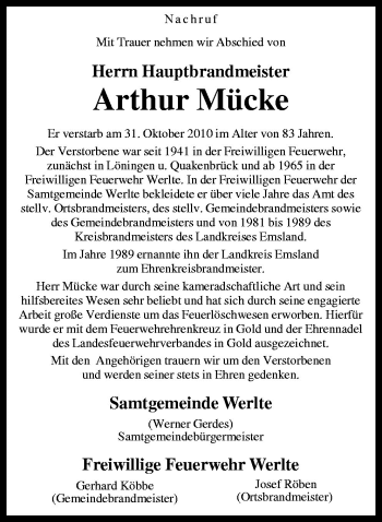 Traueranzeige von Arthur Mücke von Neue Osnabrücker Zeitung GmbH & Co. KG