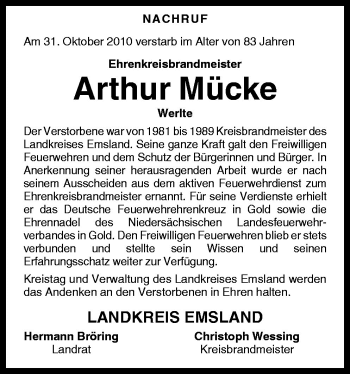 Traueranzeige von Arthur Mücke von Neue Osnabrücker Zeitung GmbH & Co. KG