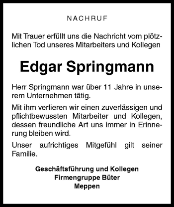 Traueranzeige von Edgar Springmann von Neue Osnabrücker Zeitung GmbH & Co. KG