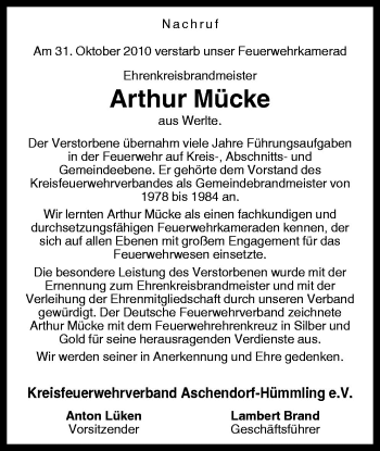 Traueranzeige von Arthur Mücke von Neue Osnabrücker Zeitung GmbH & Co. KG