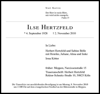 Traueranzeige von Ilse Hertzfeld von Neue Osnabrücker Zeitung GmbH & Co. KG