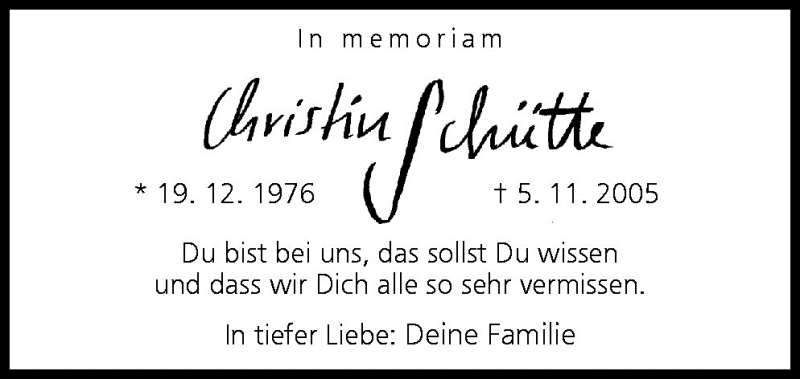  Traueranzeige für Christin Schütte vom 05.11.2010 aus Neue Osnabrücker Zeitung GmbH & Co. KG