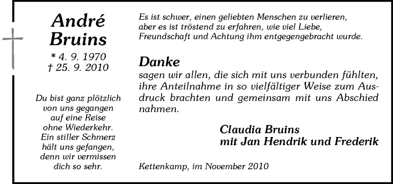  Traueranzeige für André Bruins vom 13.11.2010 aus Neue Osnabrücker Zeitung GmbH & Co. KG