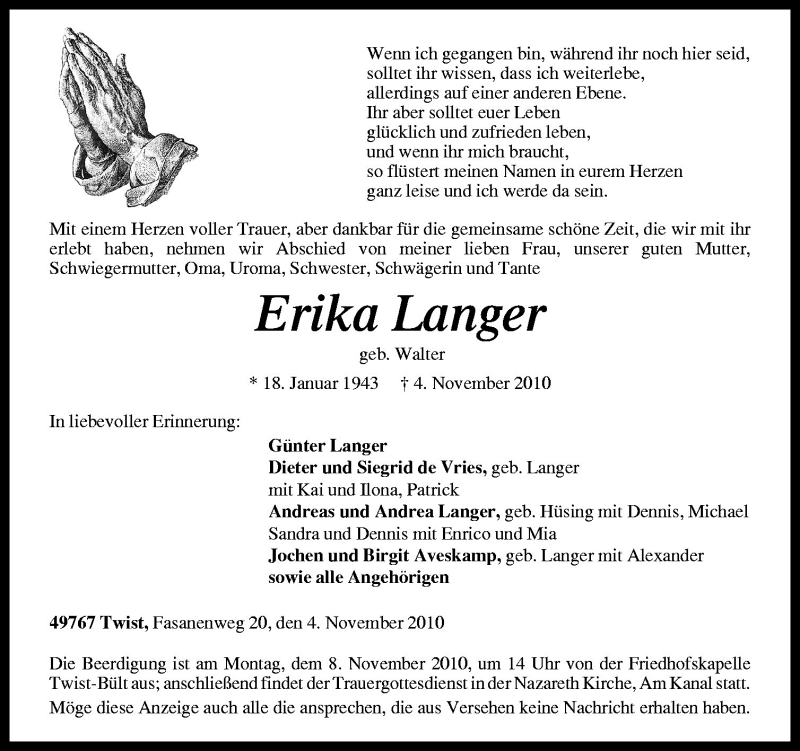  Traueranzeige für Erika Langer vom 06.11.2010 aus Neue Osnabrücker Zeitung GmbH & Co. KG