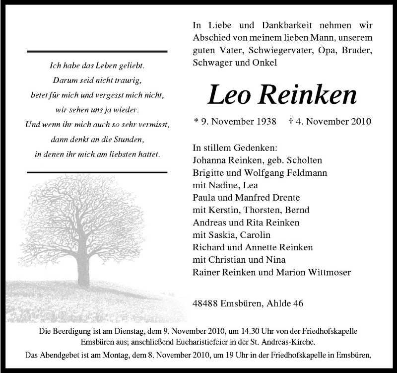  Traueranzeige für Leo Reinken vom 06.11.2010 aus Neue Osnabrücker Zeitung GmbH & Co. KG