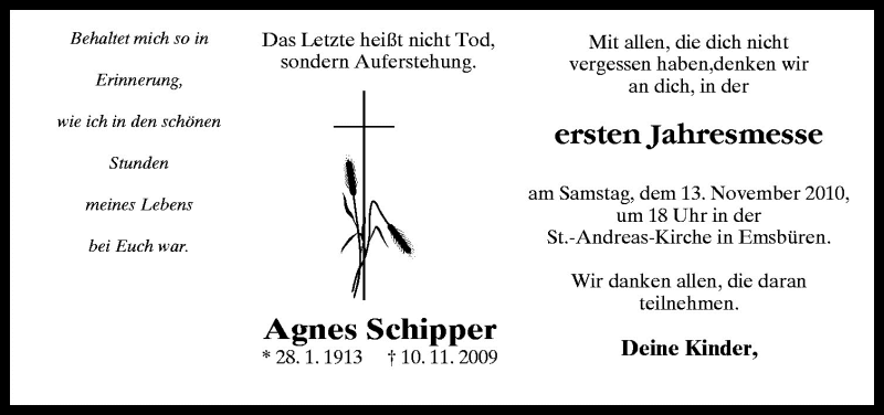  Traueranzeige für Agnes Schipper vom 10.11.2010 aus Neue Osnabrücker Zeitung GmbH & Co. KG