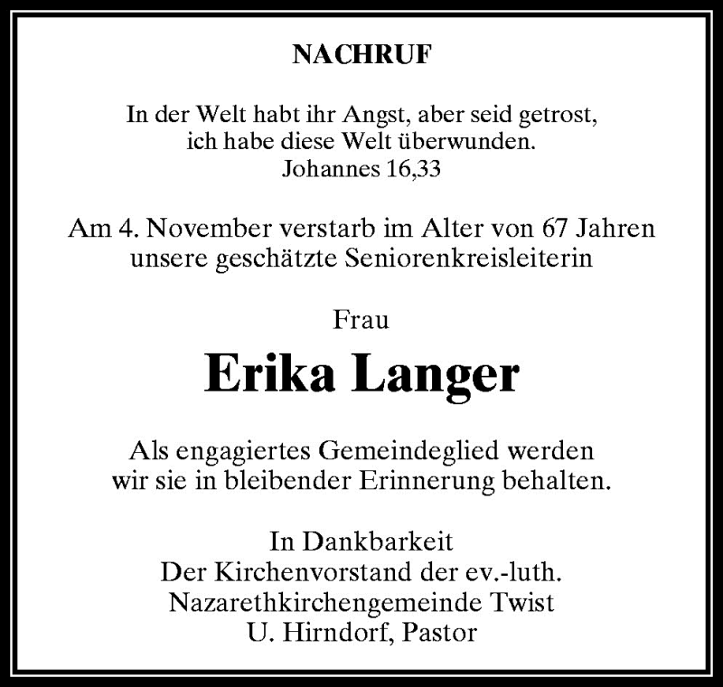  Traueranzeige für Erika Langer vom 08.11.2010 aus Neue Osnabrücker Zeitung GmbH & Co. KG