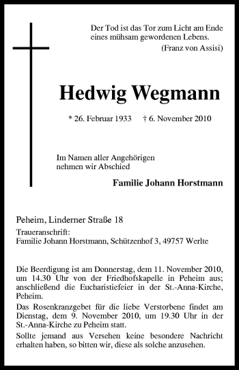 Traueranzeige von Hedwig Wegmann von Neue Osnabrücker Zeitung GmbH & Co. KG