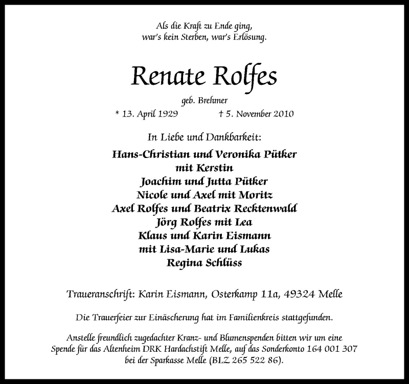  Traueranzeige für Renate Rolfes vom 12.11.2010 aus Neue Osnabrücker Zeitung GmbH & Co. KG