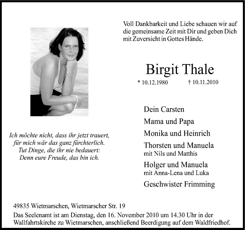  Traueranzeige für Birgit Thale vom 13.11.2010 aus Neue Osnabrücker Zeitung GmbH & Co. KG