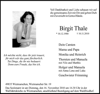 Traueranzeige von Birgit Thale von Neue Osnabrücker Zeitung GmbH & Co. KG