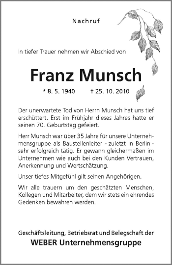 Traueranzeige von Franz Munsch von Neue Osnabrücker Zeitung GmbH & Co. KG