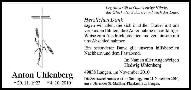  Traueranzeige für Anton Uhlenberg vom 16.11.2010 aus Neue Osnabrücker Zeitung GmbH & Co. KG