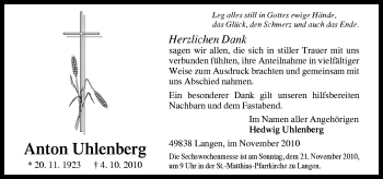 Traueranzeige von Anton Uhlenberg von Neue Osnabrücker Zeitung GmbH & Co. KG