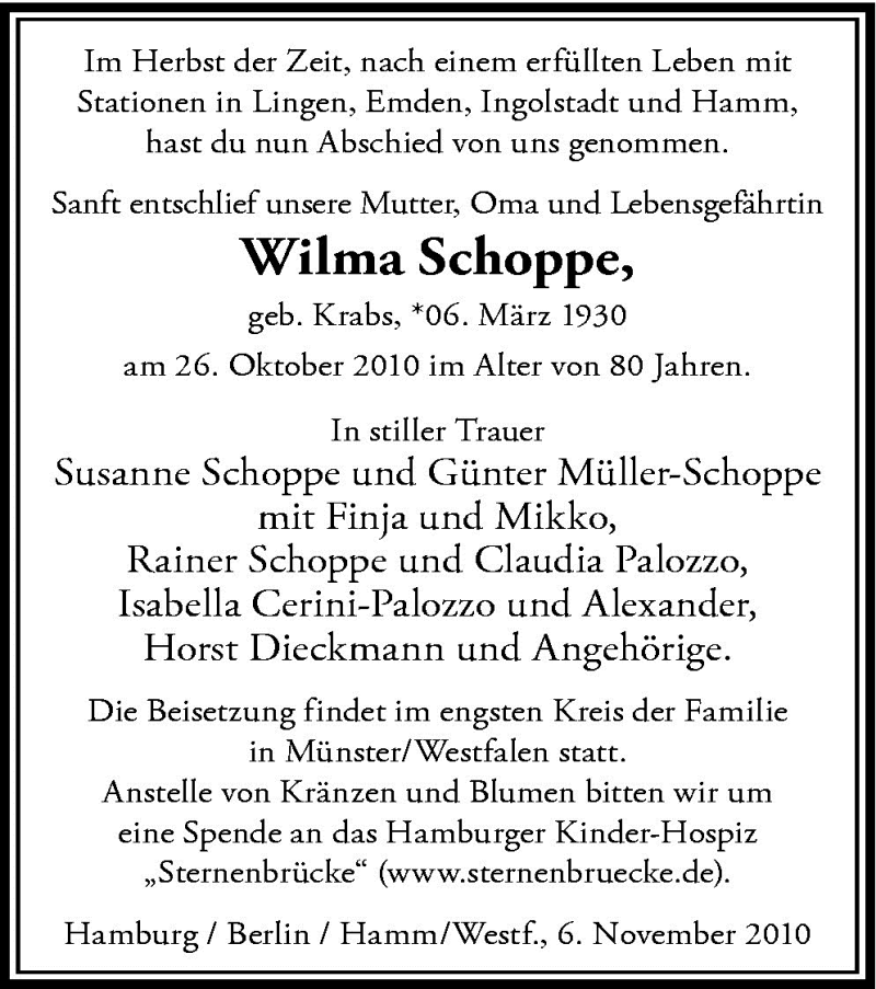  Traueranzeige für Wilma Schoppe vom 13.11.2010 aus Neue Osnabrücker Zeitung GmbH & Co. KG