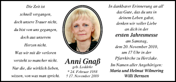 Traueranzeige von Anni Gnaß von Neue Osnabrücker Zeitung GmbH & Co. KG