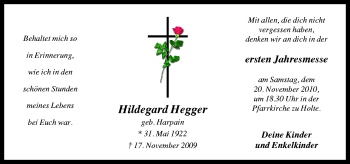 Traueranzeige von Hildegard Hegger von Neue Osnabrücker Zeitung GmbH & Co. KG