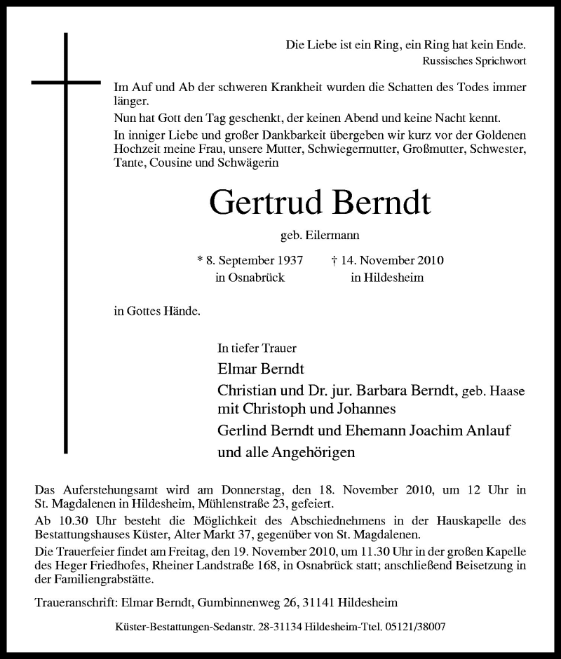  Traueranzeige für Gertrud Berndt vom 16.11.2010 aus Neue Osnabrücker Zeitung GmbH & Co. KG