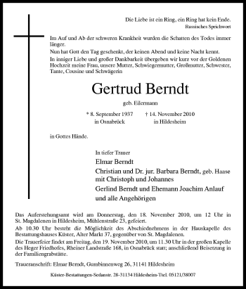 Traueranzeige von Gertrud Berndt von Neue Osnabrücker Zeitung GmbH & Co. KG