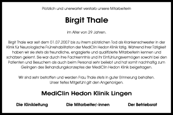 Traueranzeige von Birgit Thale von Neue Osnabrücker Zeitung GmbH & Co. KG