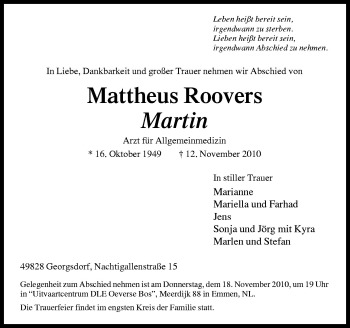 Traueranzeige von Martin Mattheus Roovers von Neue Osnabrücker Zeitung GmbH & Co. KG