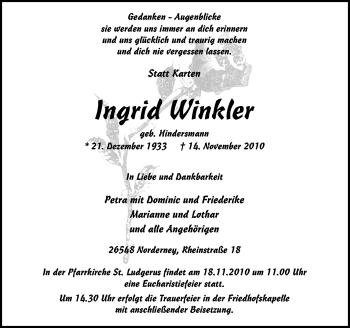 Traueranzeige von Ingrid Winkler von Neue Osnabrücker Zeitung GmbH & Co. KG