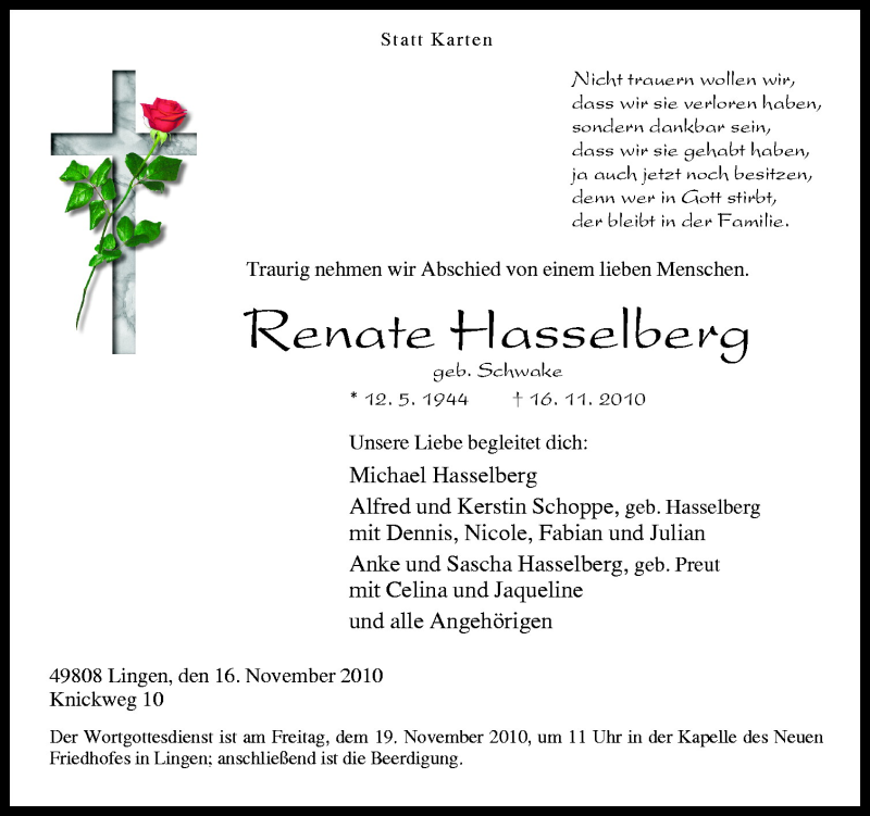  Traueranzeige für Renate Hasselberg vom 18.11.2010 aus Neue Osnabrücker Zeitung GmbH & Co. KG