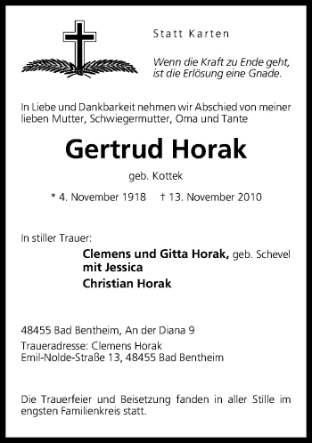 Traueranzeige von Gertrud Horak von Neue Osnabrücker Zeitung GmbH & Co. KG