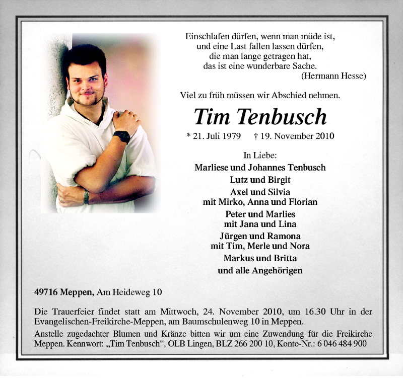  Traueranzeige für Tim Tenbusch vom 22.11.2010 aus Neue Osnabrücker Zeitung GmbH & Co. KG