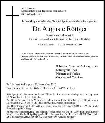 Traueranzeige von Auguste Röttger von Neue Osnabrücker Zeitung GmbH & Co. KG
