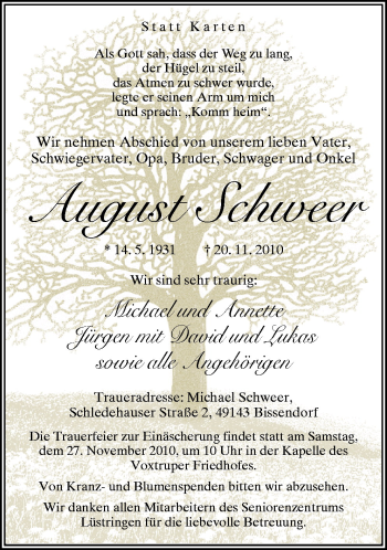 Traueranzeige von August Schweer von Neue Osnabrücker Zeitung GmbH & Co. KG
