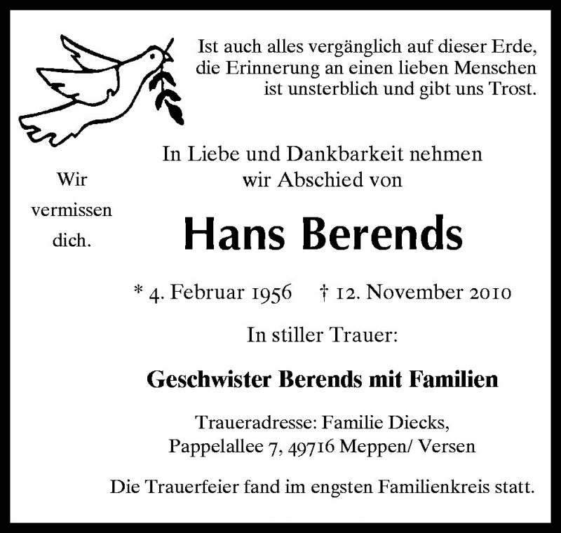  Traueranzeige für Hans Berends vom 26.11.2010 aus Neue Osnabrücker Zeitung GmbH & Co. KG