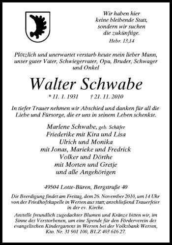 Traueranzeige von Walter Schwabe von Neue Osnabrücker Zeitung GmbH & Co. KG