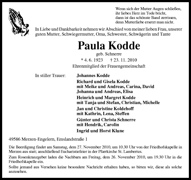  Traueranzeige für Paula Kodde vom 25.11.2010 aus Neue Osnabrücker Zeitung GmbH & Co. KG