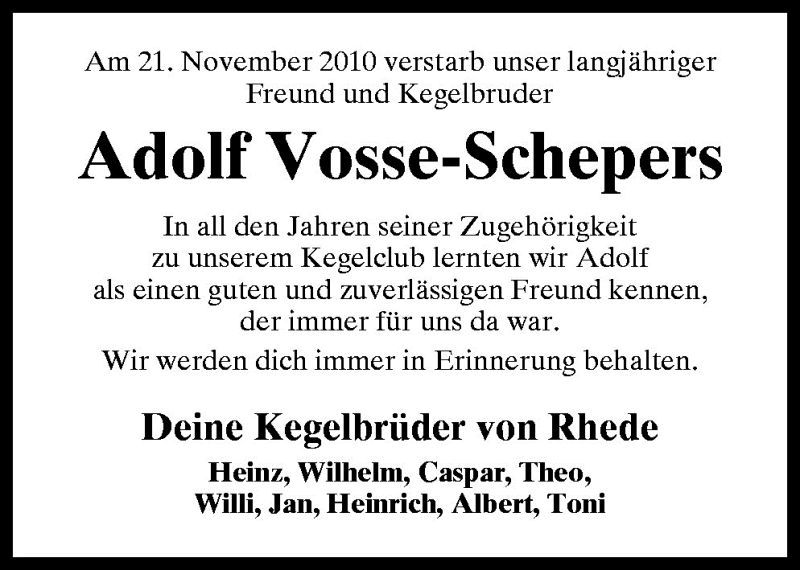  Traueranzeige für Adolf Vosse-Schepers vom 25.11.2010 aus Neue Osnabrücker Zeitung GmbH & Co. KG