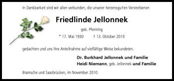 Traueranzeige von Friedlinde Jellonnek von Neue Osnabrücker Zeitung GmbH & Co. KG