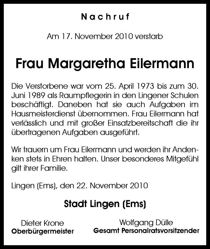  Traueranzeige für Emil Hagemann vom 27.11.2010 aus Neue Osnabrücker Zeitung GmbH & Co. KG