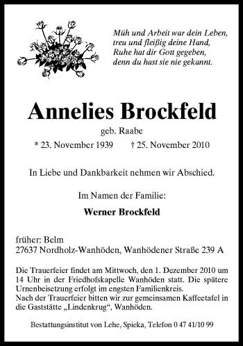 Traueranzeige von Annelies Brockfeld von Neue Osnabrücker Zeitung GmbH & Co. KG