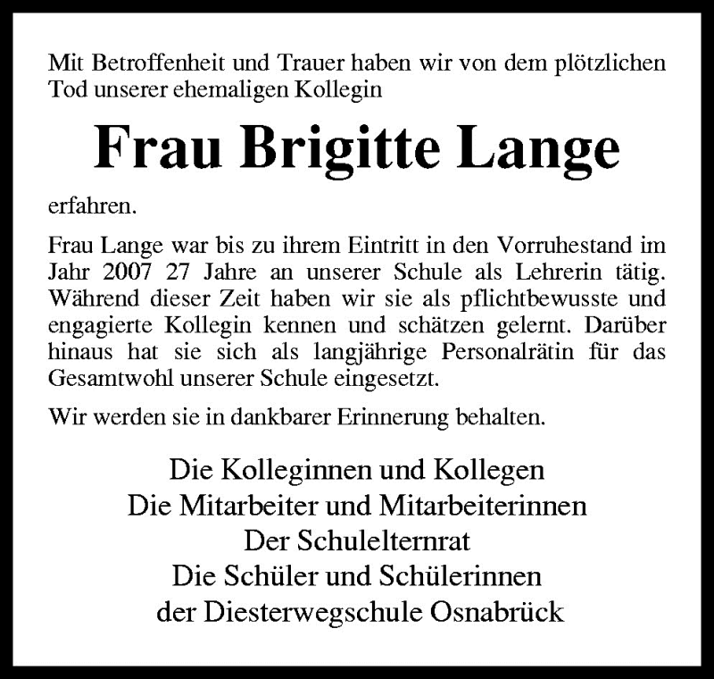  Traueranzeige für Brigitte Lange vom 29.11.2010 aus Neue Osnabrücker Zeitung GmbH & Co. KG