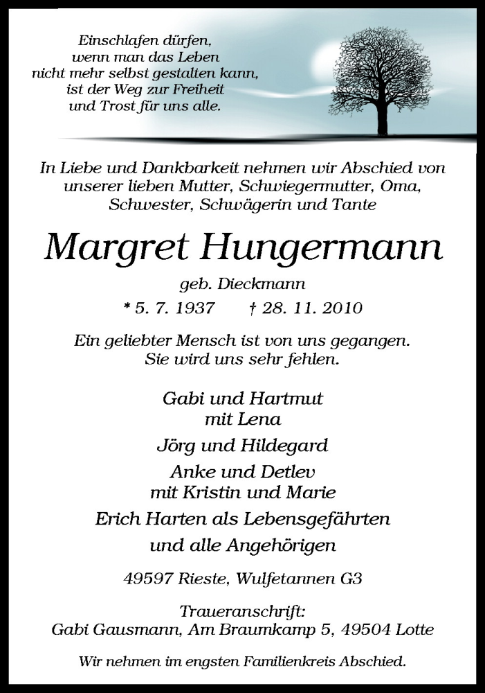 Traueranzeige für Margret Hungermann vom 30.11.2010 aus Neue Osnabrücker Zeitung GmbH & Co. KG