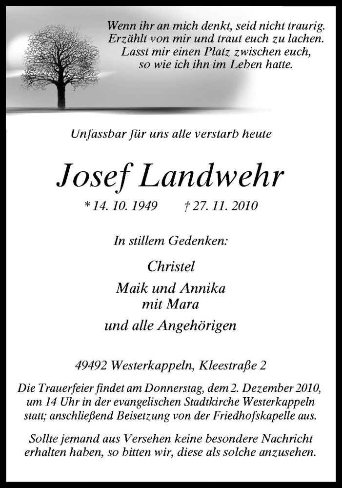  Traueranzeige für Josef Landwehr vom 30.11.2010 aus Neue Osnabrücker Zeitung GmbH & Co. KG