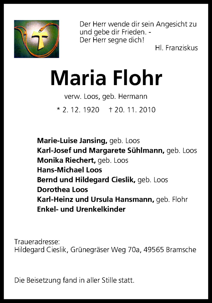  Traueranzeige für Maria Flohr vom 06.12.2010 aus Neue Osnabrücker Zeitung GmbH & Co. KG