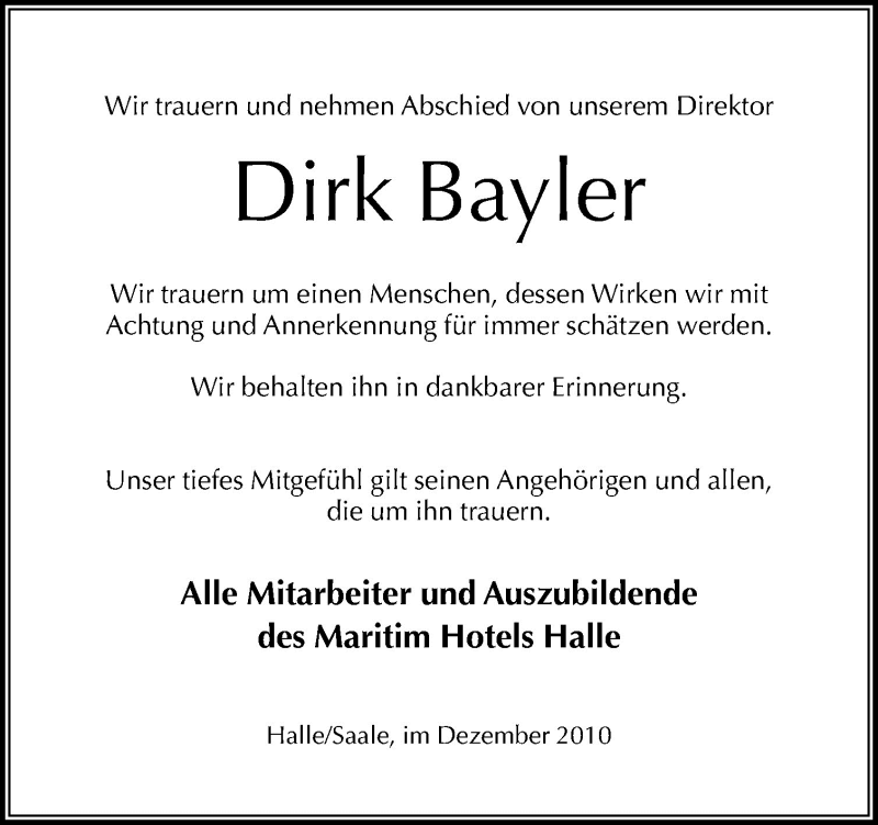  Traueranzeige für Dirk Bayler vom 04.12.2010 aus Neue Osnabrücker Zeitung GmbH & Co. KG