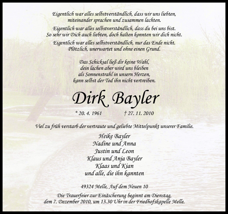  Traueranzeige für Dirk Bayler vom 03.12.2010 aus Neue Osnabrücker Zeitung GmbH & Co. KG