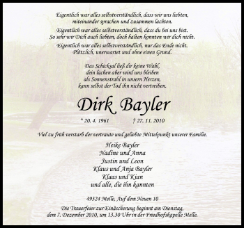 Traueranzeige von Dirk Bayler von Neue Osnabrücker Zeitung GmbH & Co. KG