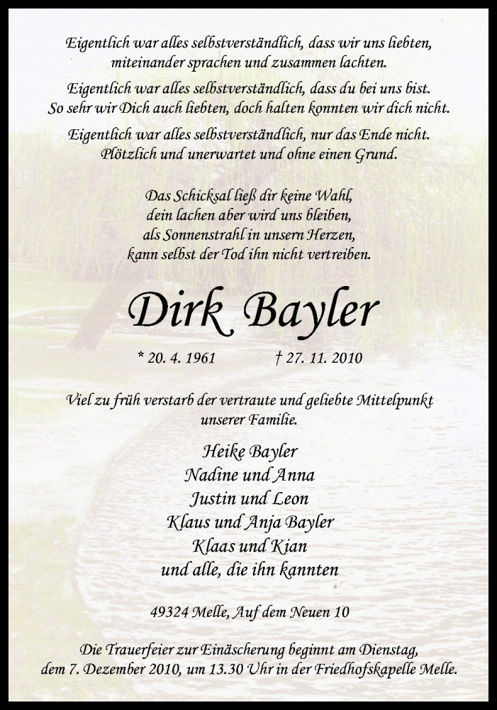  Traueranzeige für Dirk Bayler vom 03.12.2010 aus Neue Osnabrücker Zeitung GmbH & Co. KG