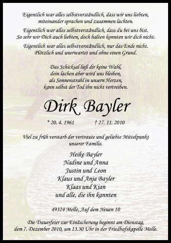 Traueranzeige von Dirk Bayler von Neue Osnabrücker Zeitung GmbH & Co. KG