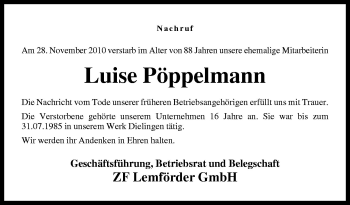 Traueranzeige von Luise Pöppelmann von Neue Osnabrücker Zeitung GmbH & Co. KG